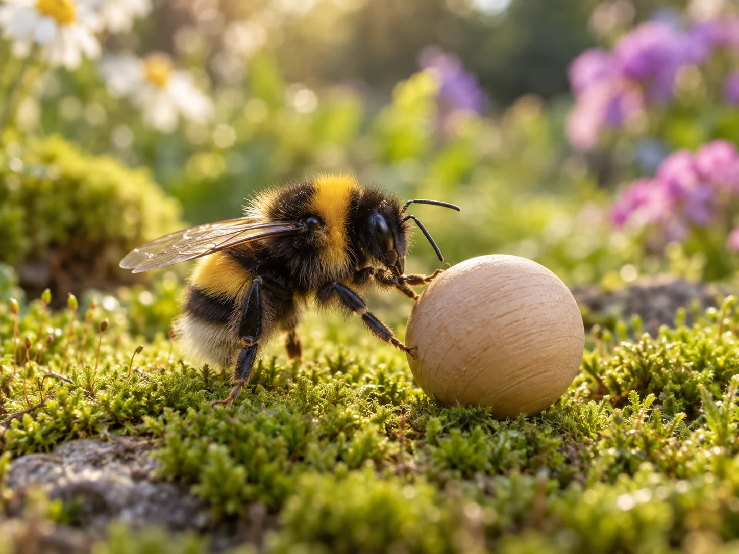 A bumblebee touching a small wooden ball on moss