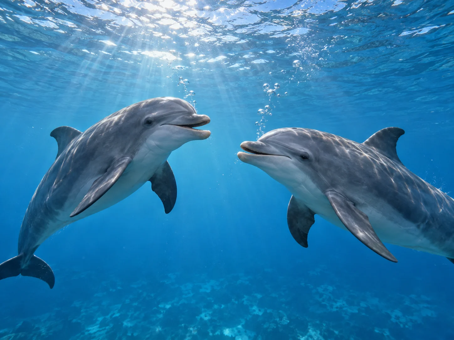 Two bottlenose dolphins facing one another below the ocean surface