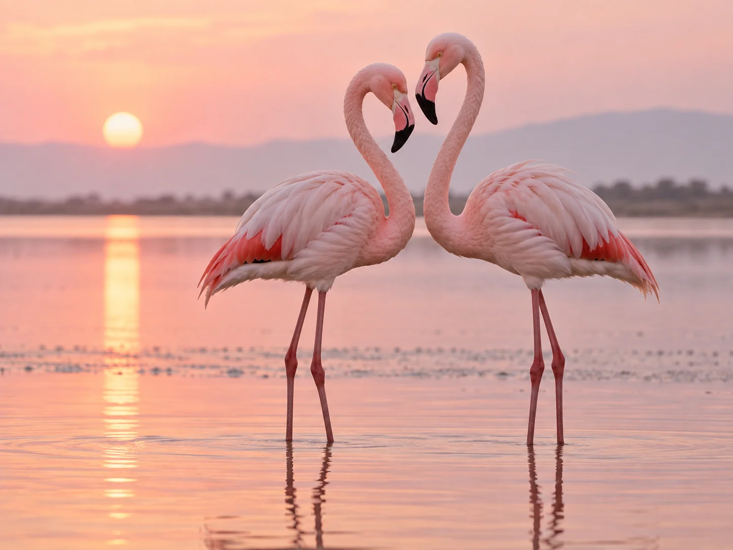 Two flamingos standing close together in a pink sunrise lagoon