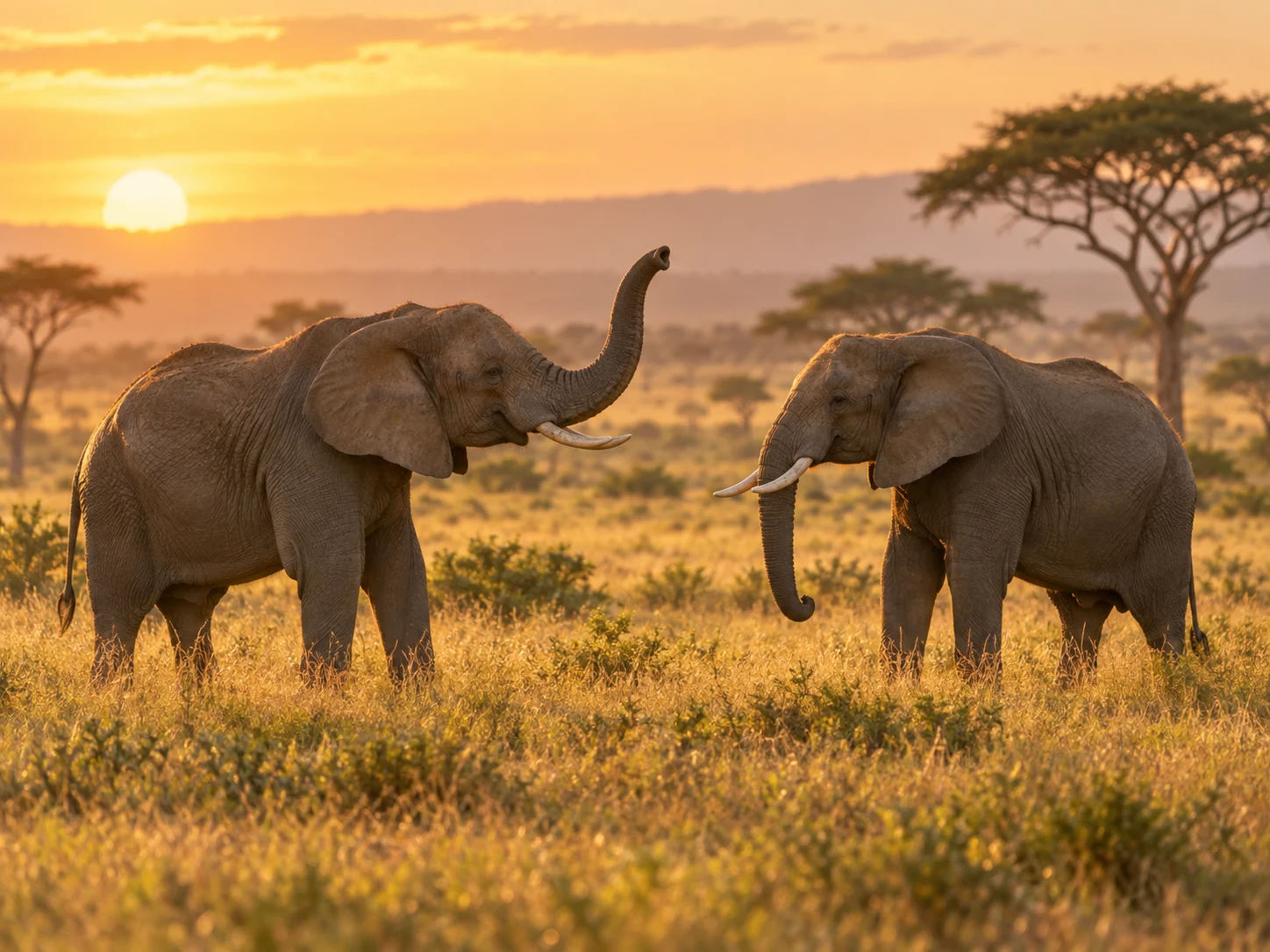 Two African elephants greeting one another in golden grassland