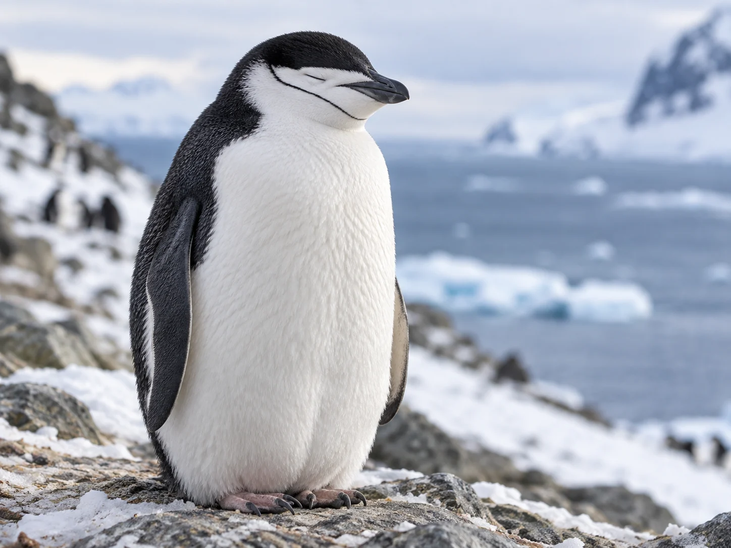 A chinstrap penguin standing with its eyes gently closed