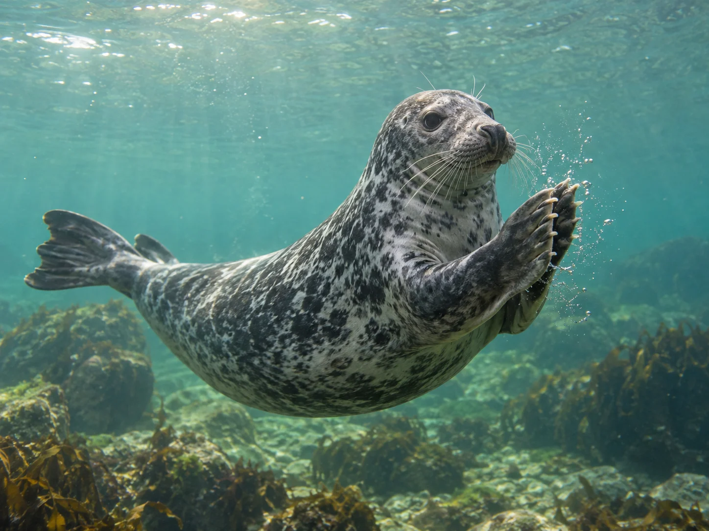 A grey seal bringing its front flippers together underwater