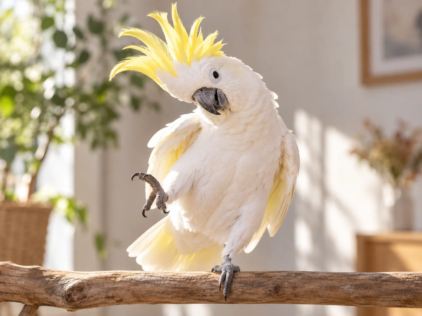 A white cockatoo lifting one foot with its yellow crest raised