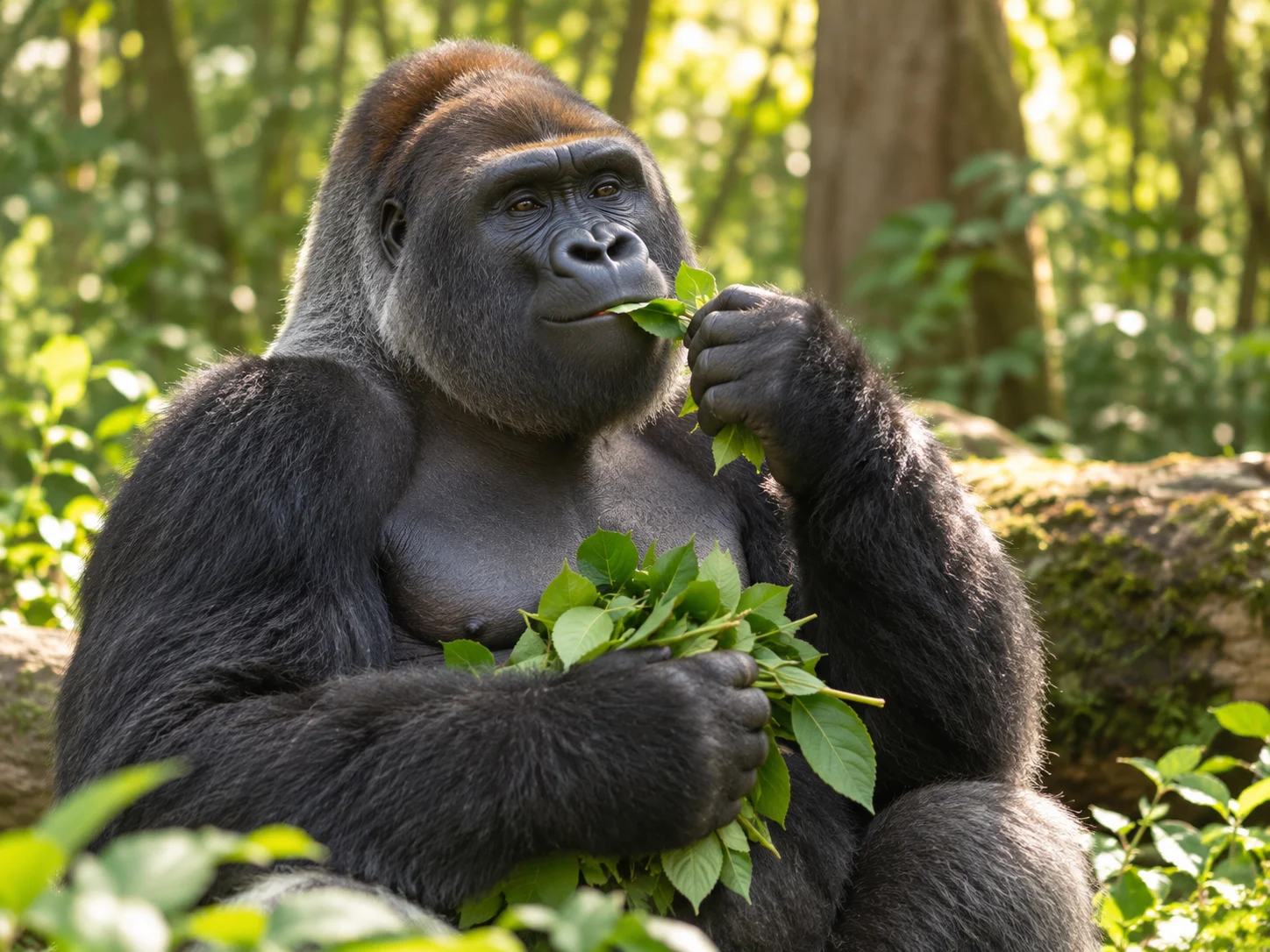 A western lowland gorilla calmly eating green leaves