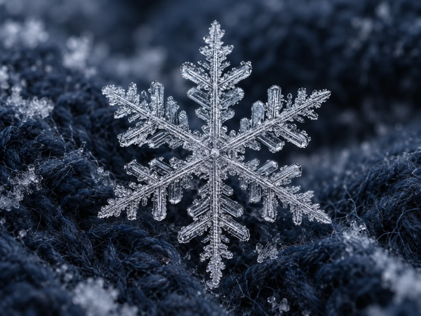 A single six-sided snowflake resting on dark blue wool