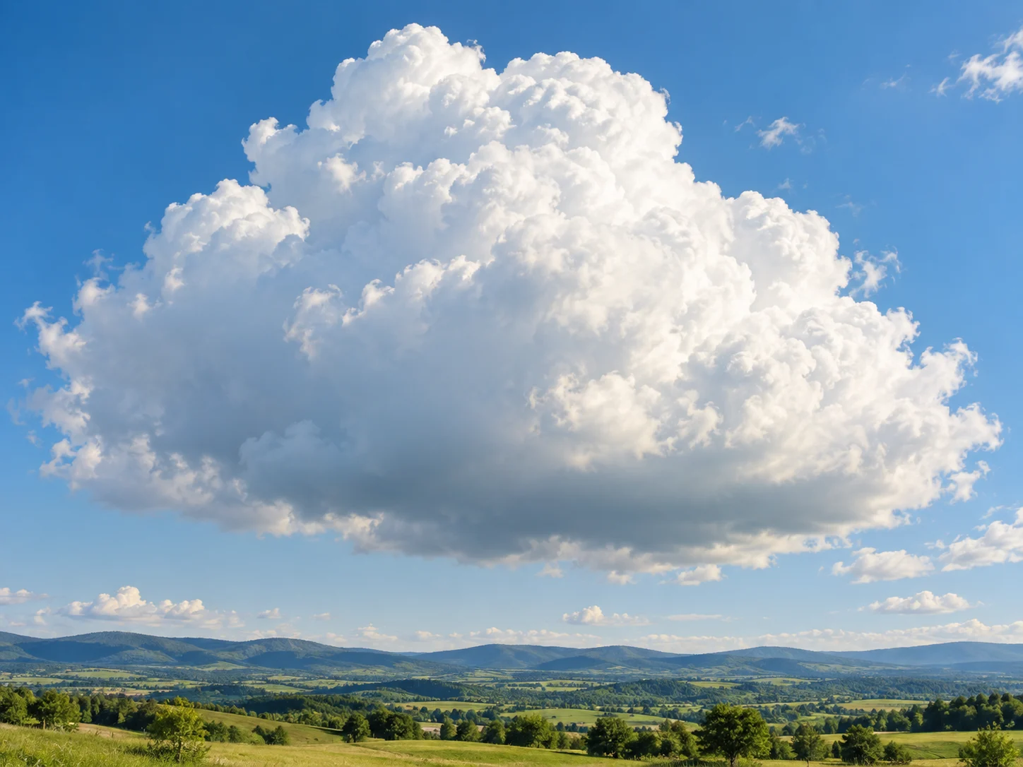 A large white cumulus cloud above a peaceful green landscape