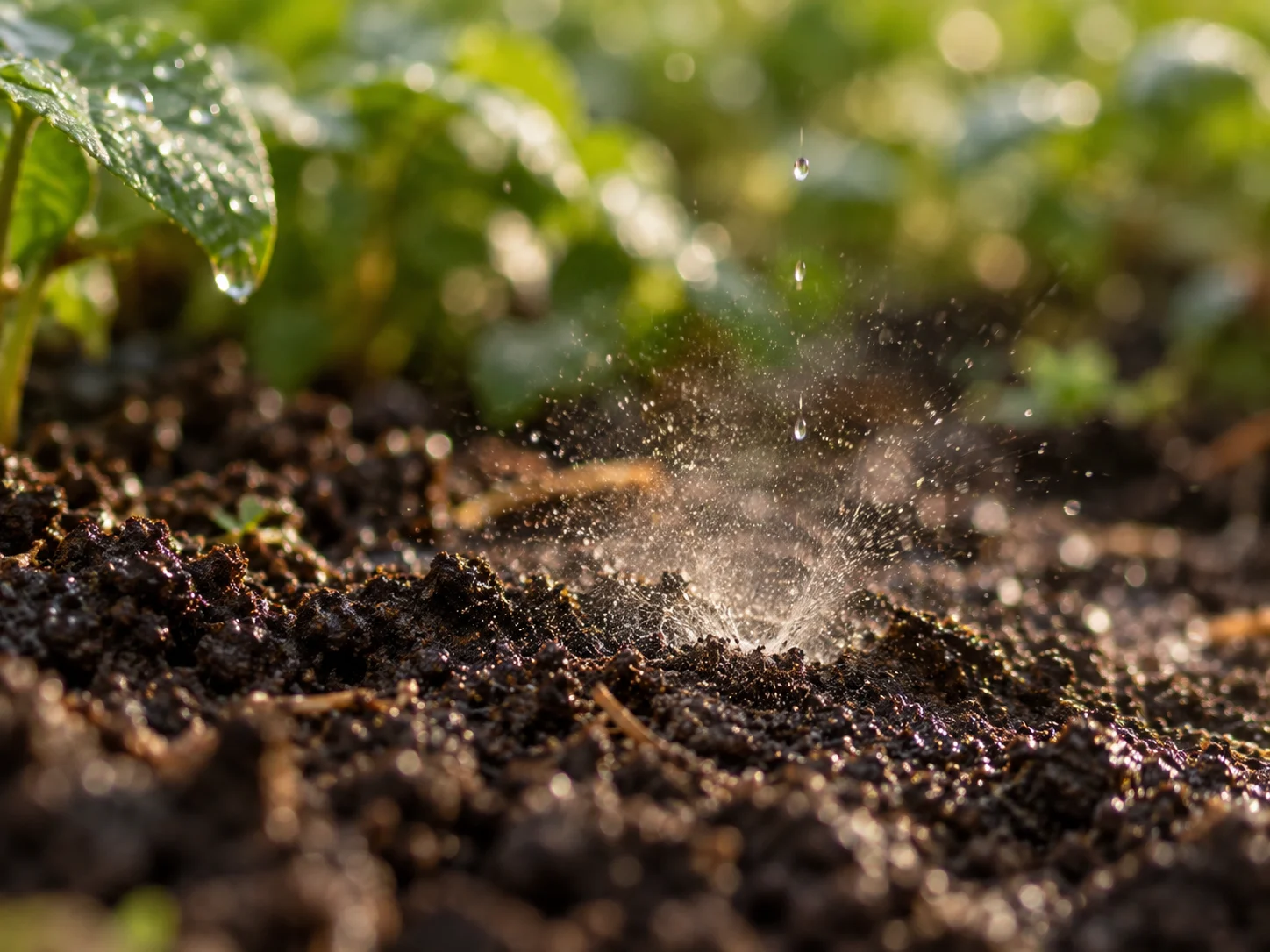 A raindrop splashing gently onto dark garden soil