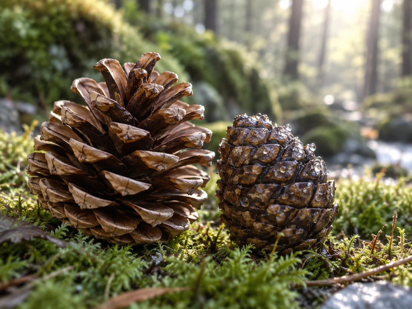 An open dry pinecone beside a damp closed pinecone on moss