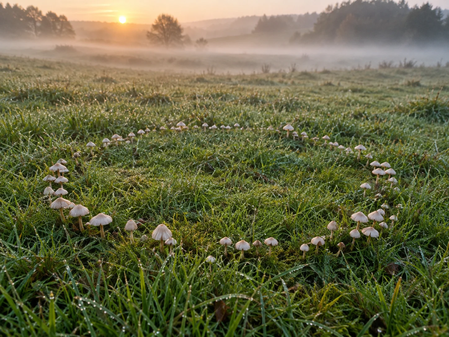 A circular ring of small mushrooms in a misty meadow at sunrise