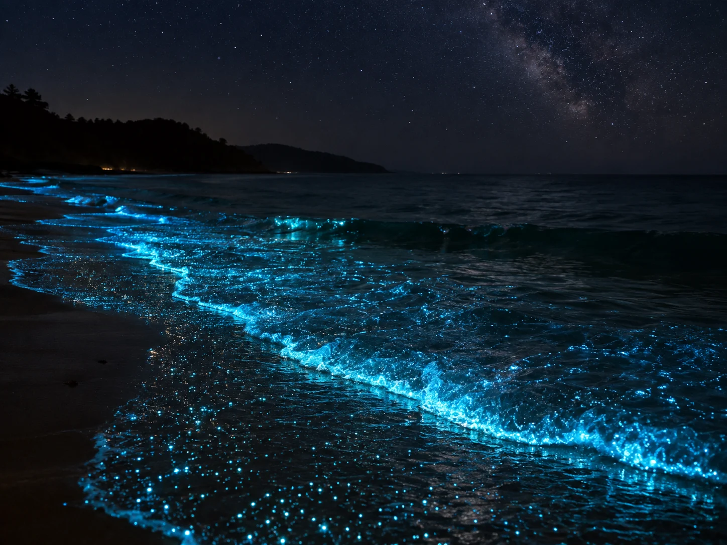 Blue-green bioluminescent plankton glowing in gentle night surf