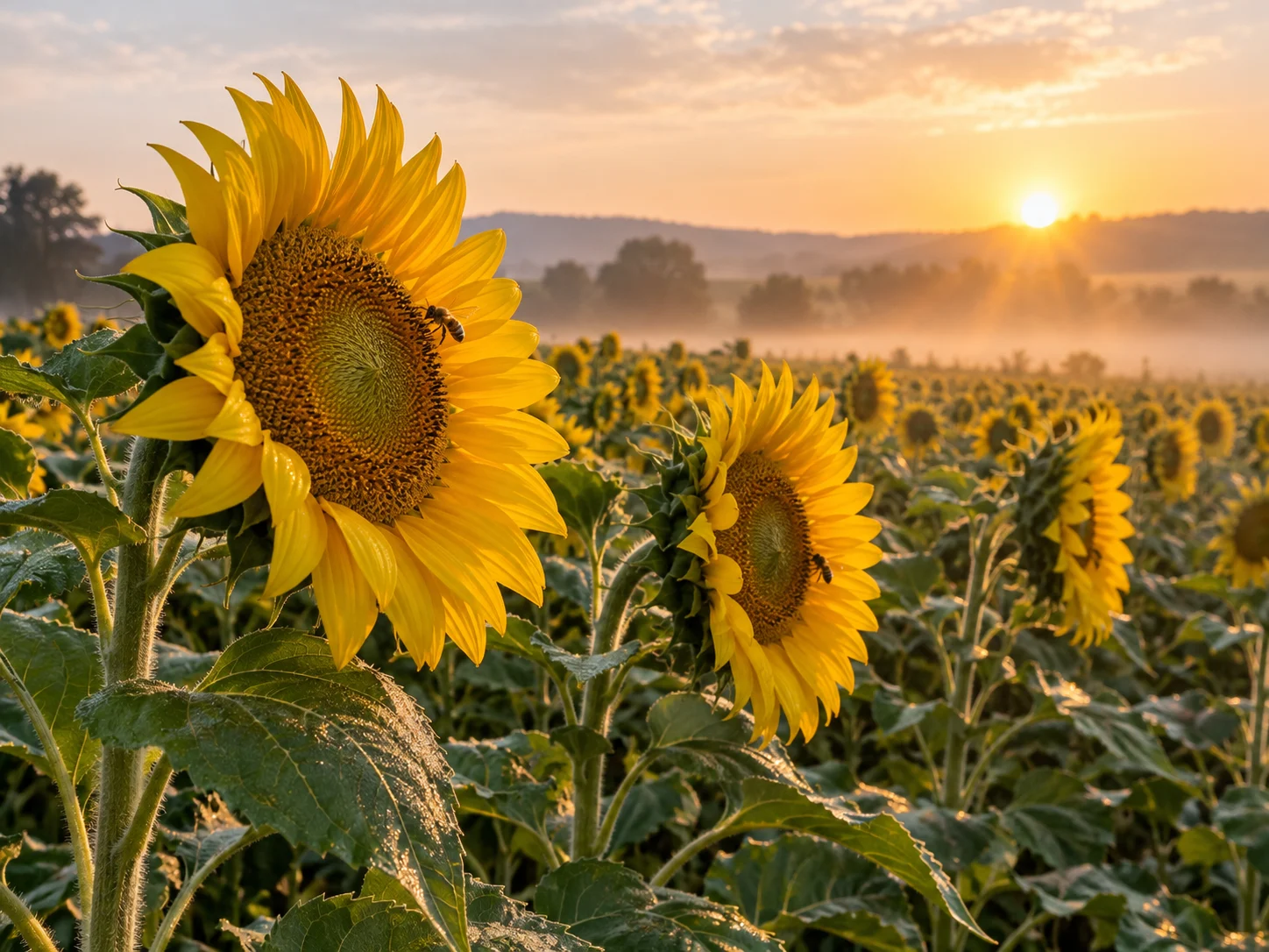 Mature sunflowers facing a warm sunrise with a bee on one bloom