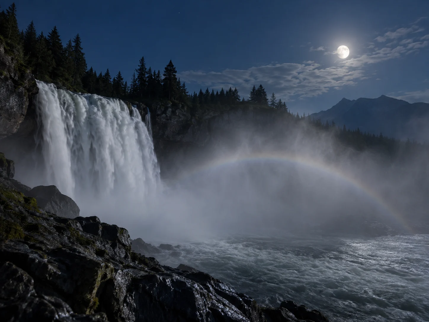 A pale moonbow in waterfall mist beneath a bright moon