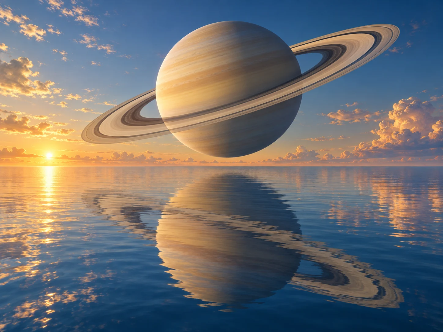 Saturn floating above a vast calm ocean with its reflection below