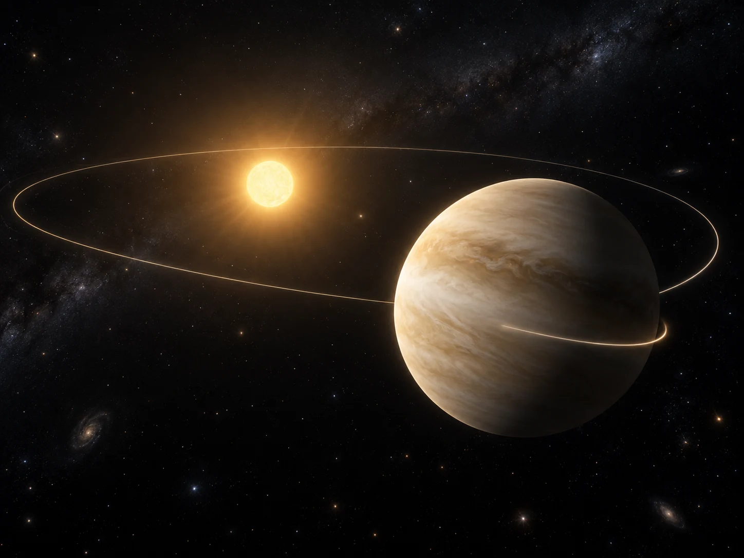 Cloud-covered Venus beside a glowing path around the Sun