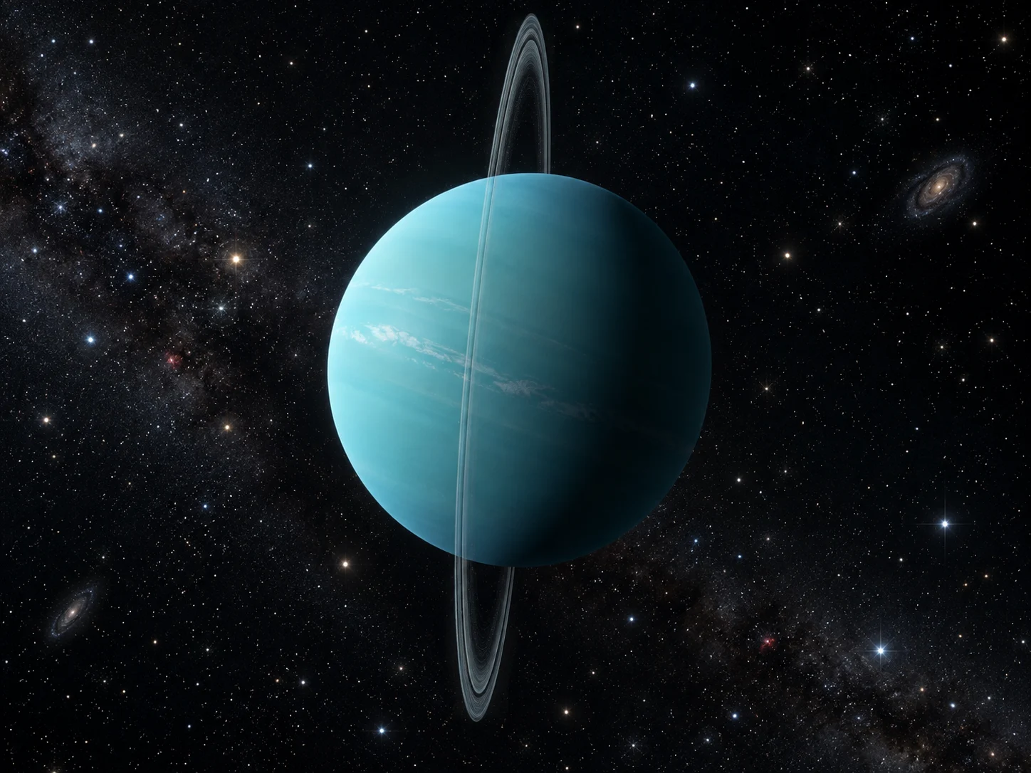 Blue-green Uranus with its faint rings standing nearly vertical