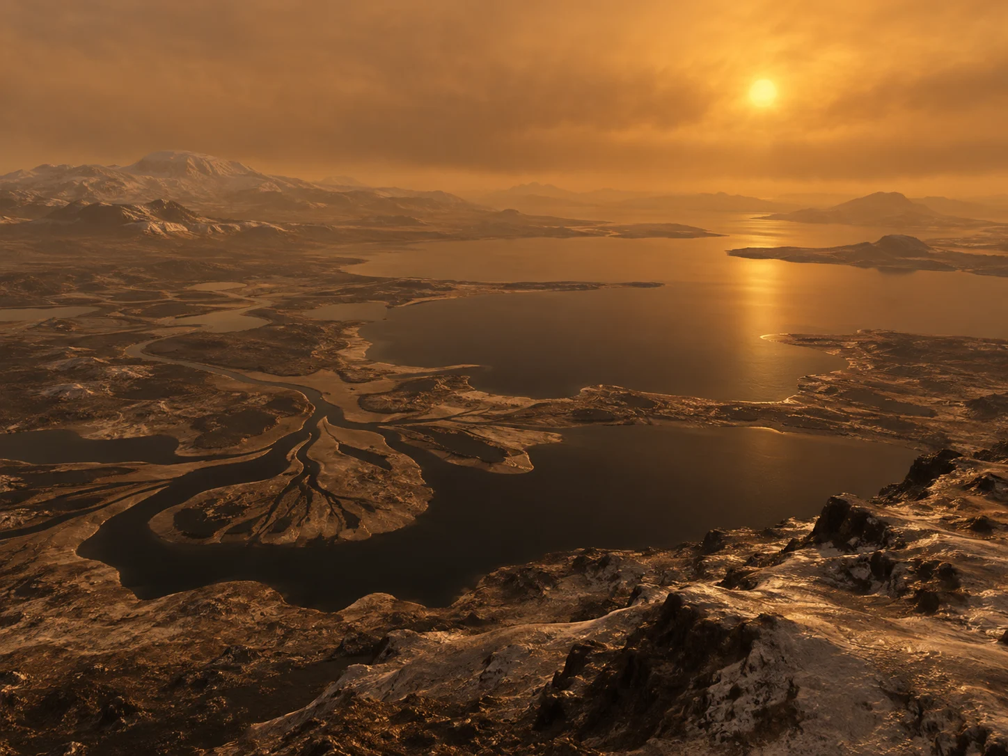Dark branching lakes beneath Titan's hazy orange sky