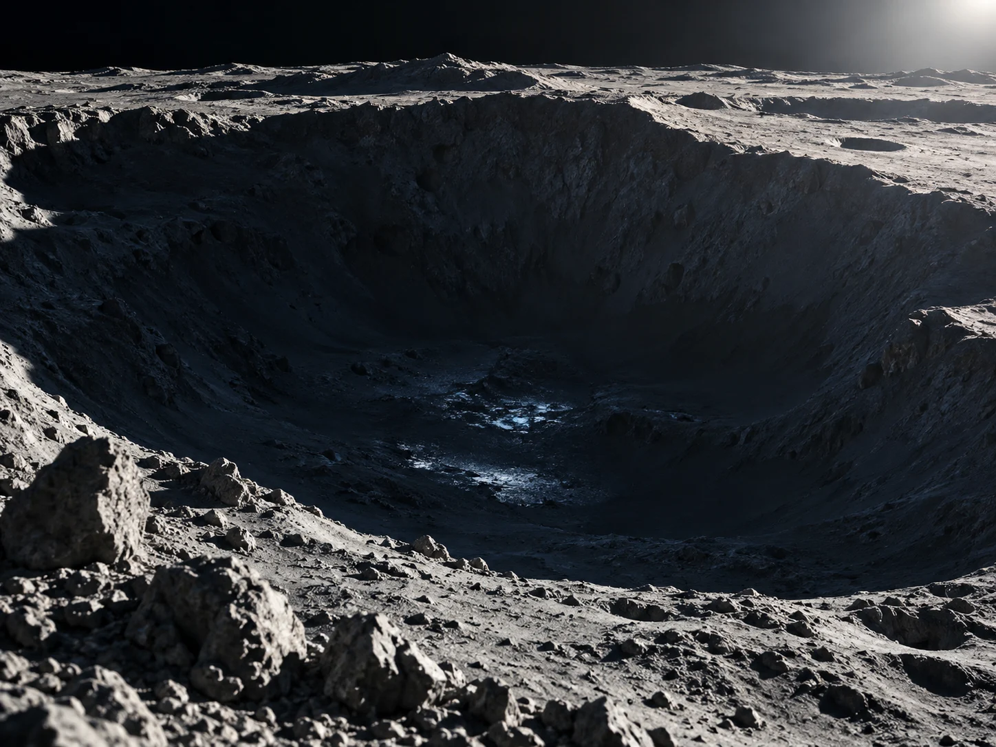 A deep shadowed lunar crater with a faint patch of ice on its floor