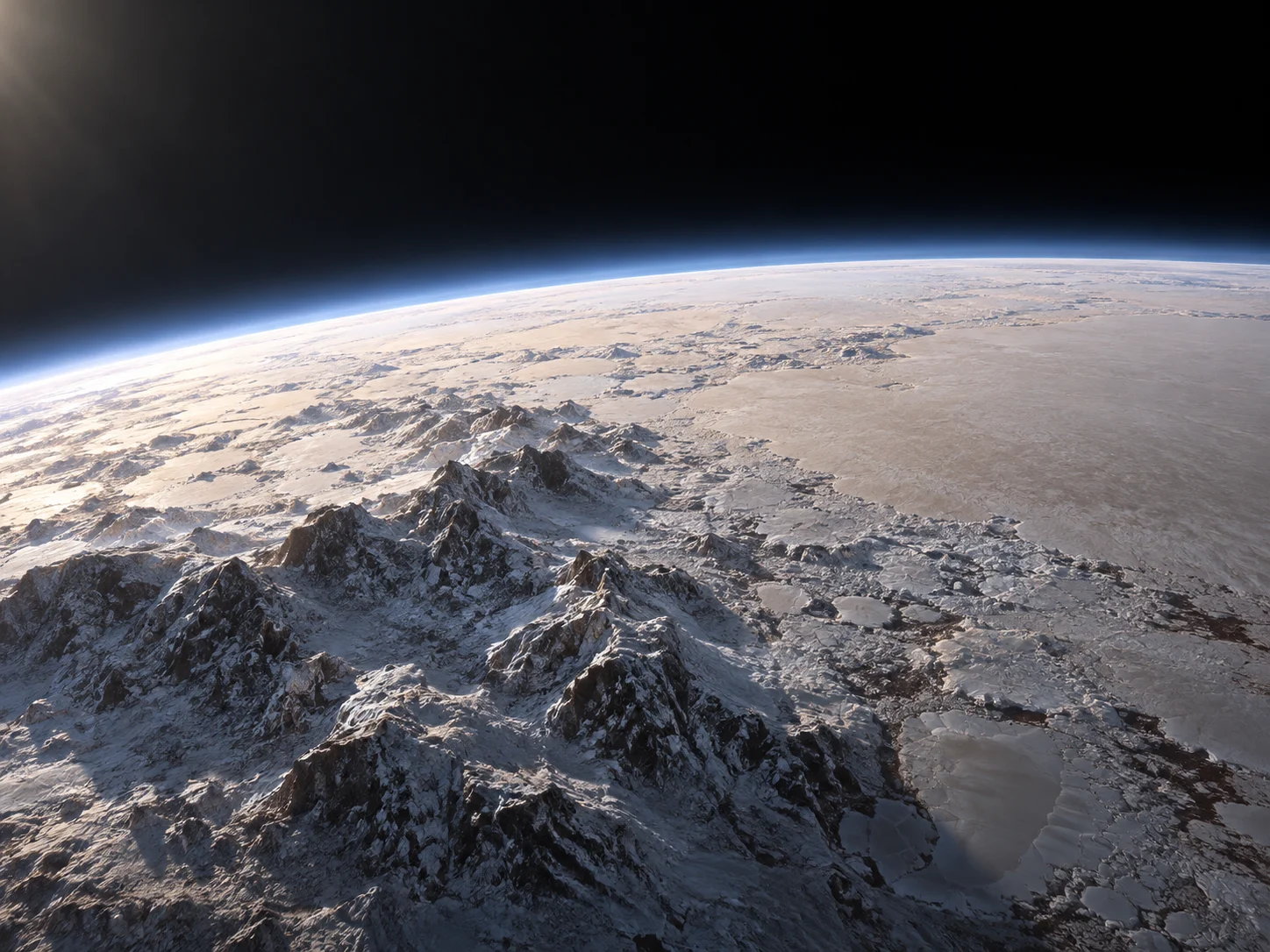 Pluto's icy mountains beneath a thin blue atmospheric haze
