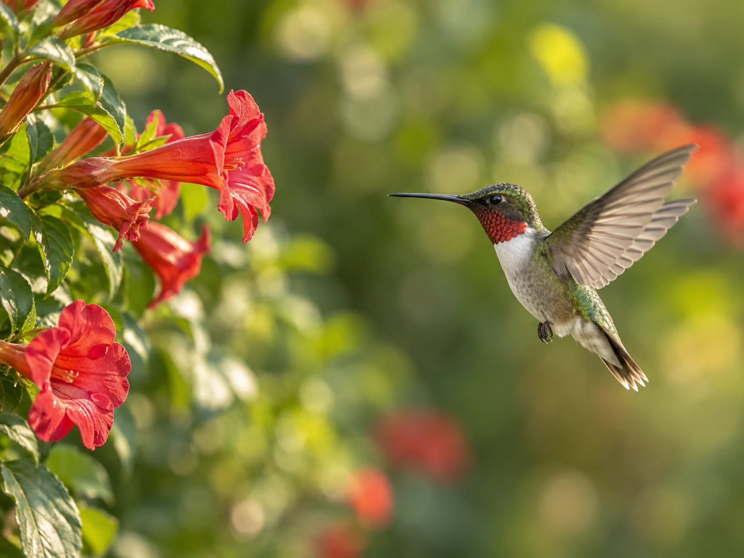 A ruby-throated hummingbird hovering beside red trumpet flowers