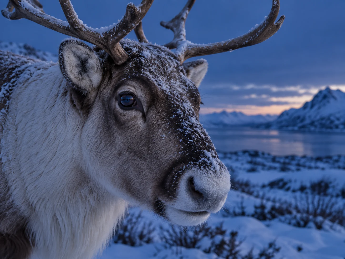A reindeer with a blue-reflecting eye in Arctic winter twilight