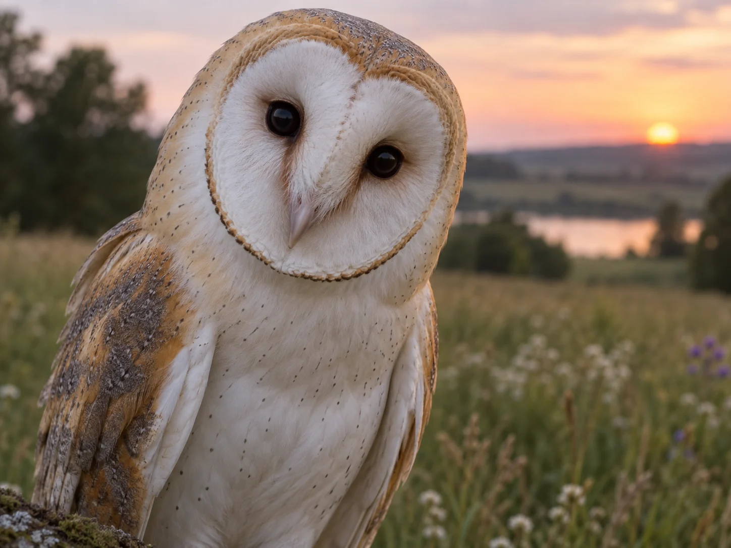 A barn owl tilting its heart-shaped face at sunset