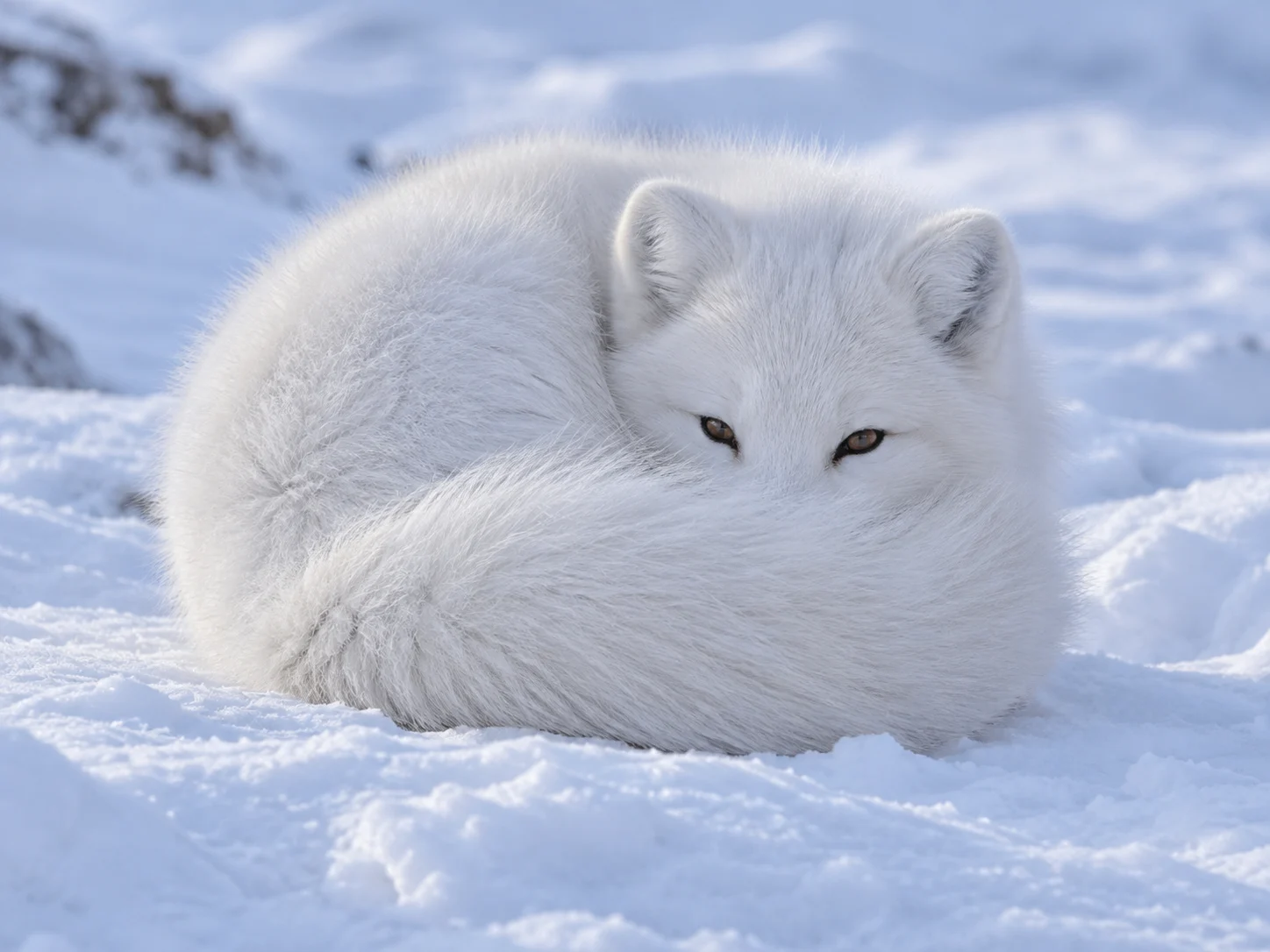 An Arctic fox curled in snow with its fluffy tail around its face