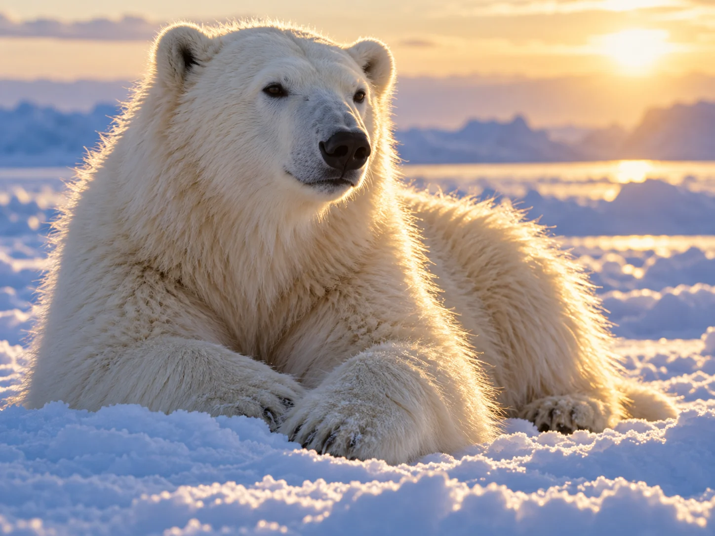 A resting polar bear whose fur glows in warm backlight
