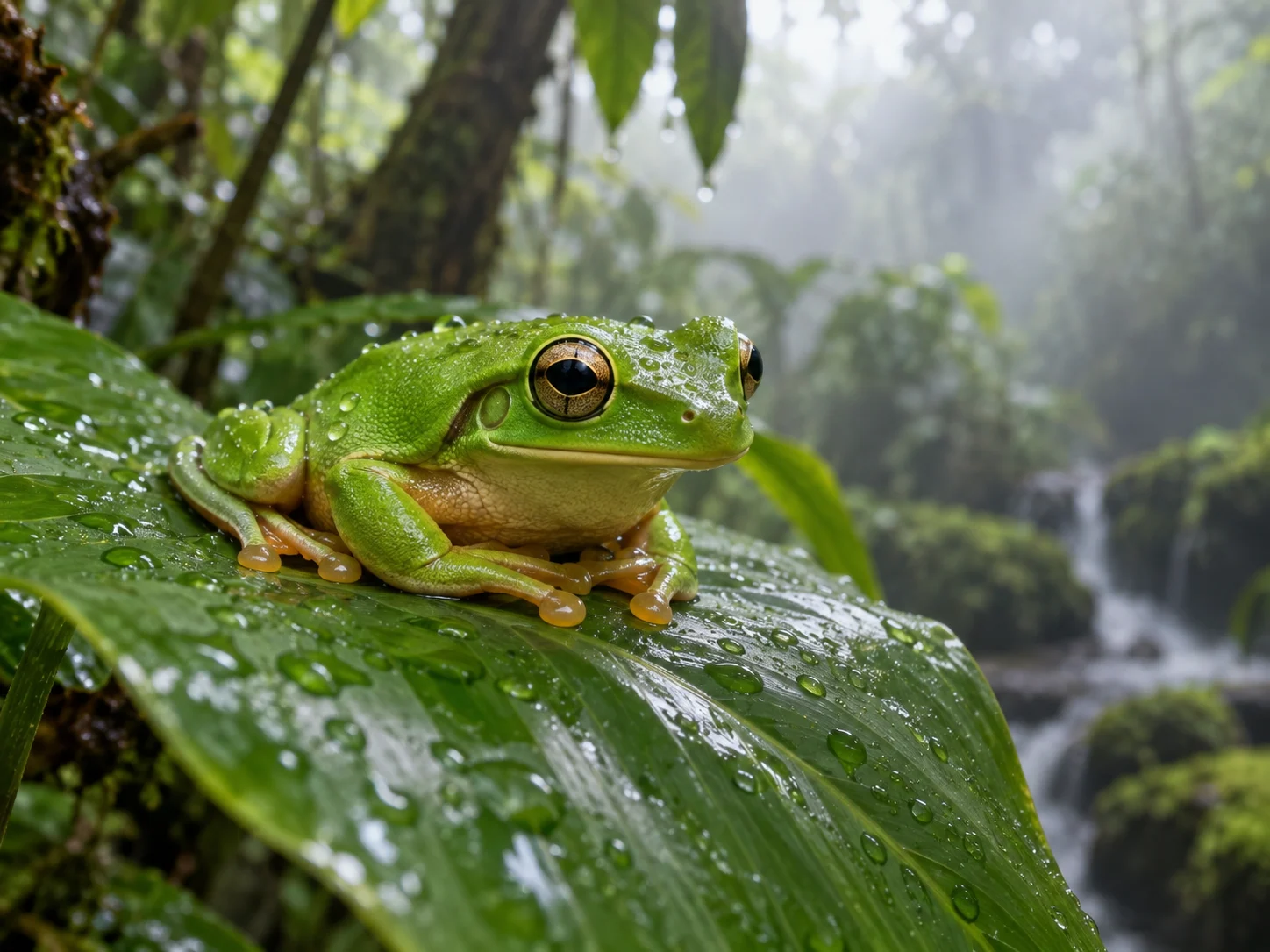A green tree frog resting on a wet leaf in rainforest mist