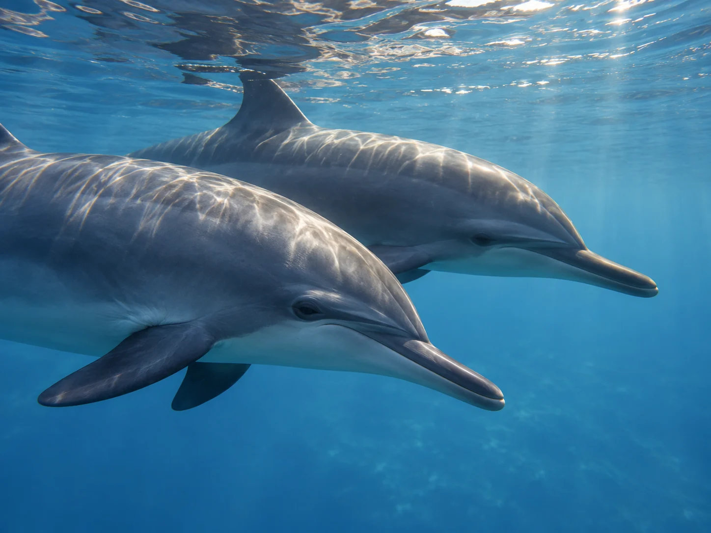 Two dolphins gliding slowly beneath a calm sunlit ocean surface