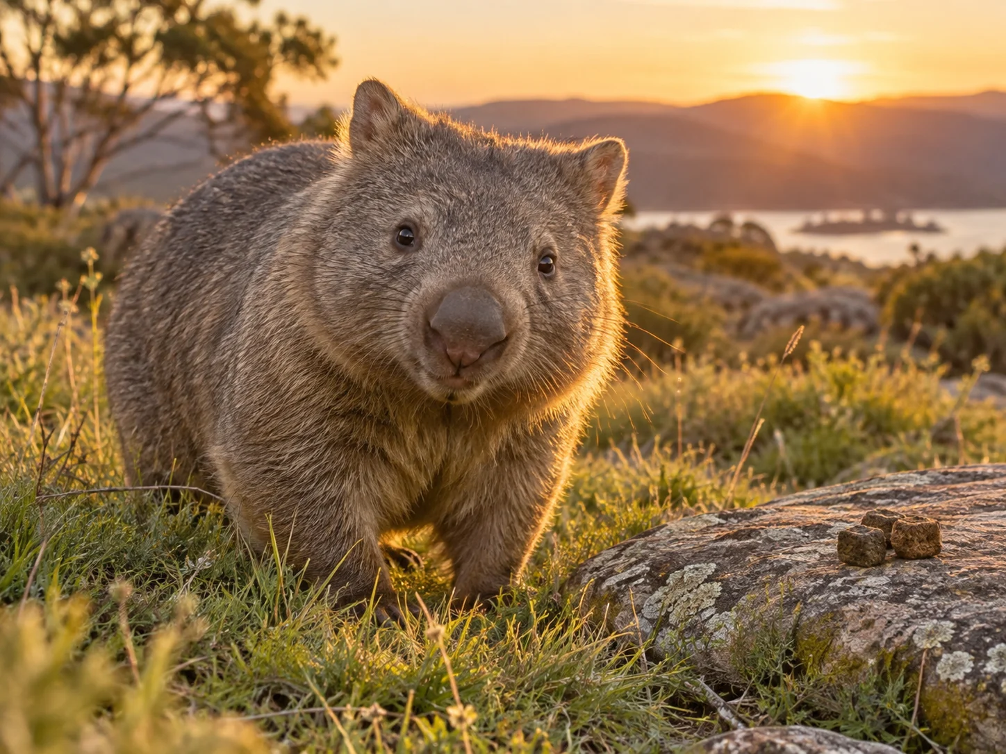 A wombat beside two small cube-shaped droppings on a rock
