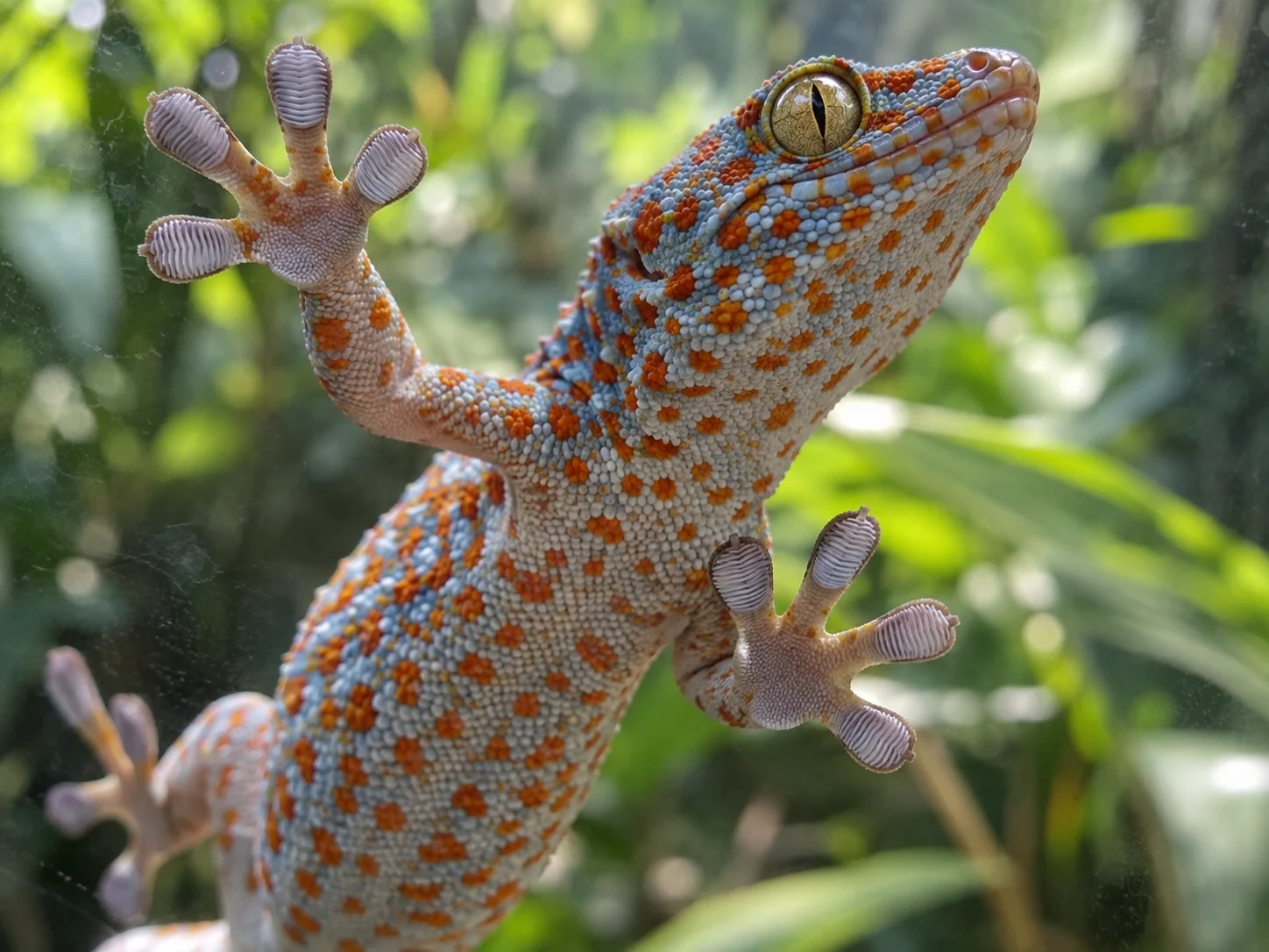 A colorful gecko showing its wide ridged toe pads on glass