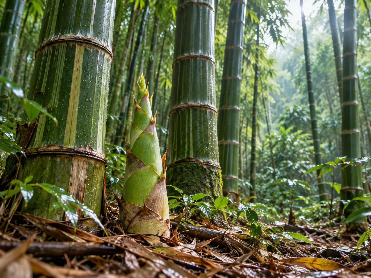 A fresh bamboo shoot rising among tall green bamboo stems after rain