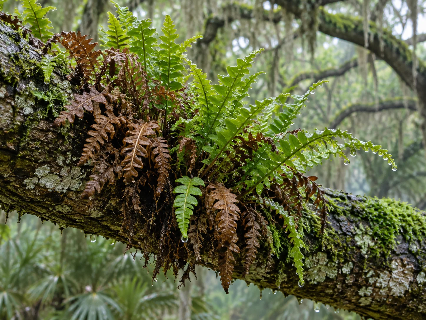 Brown curled and green open fern fronds growing together on a wet oak branch