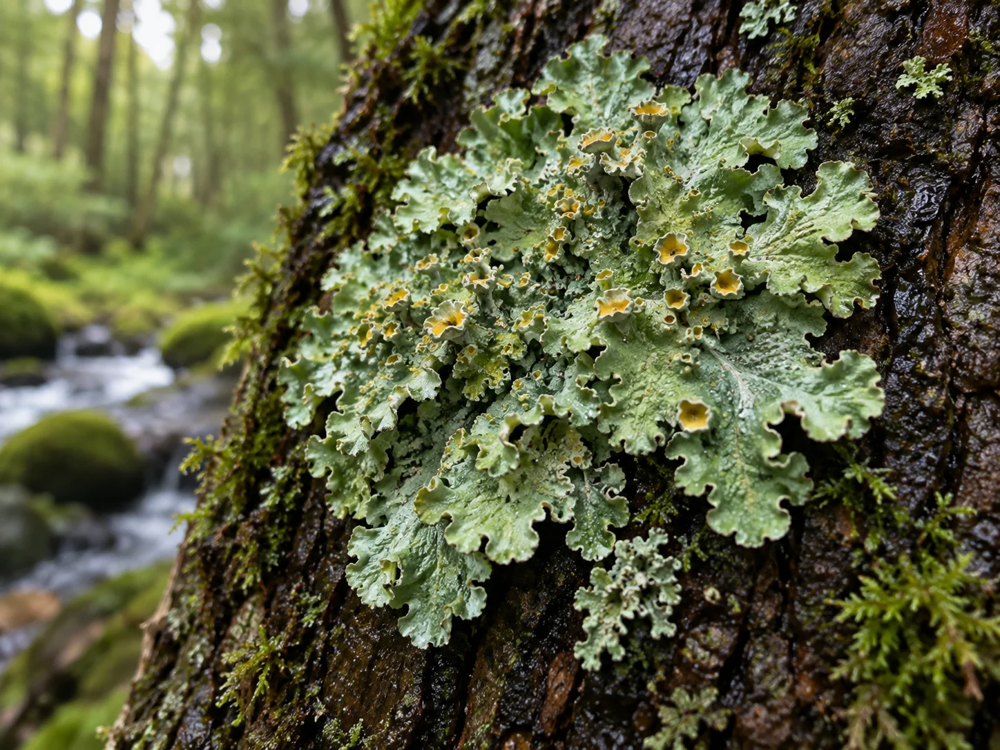 Pale green leafy lichen with small golden cups growing on dark tree bark