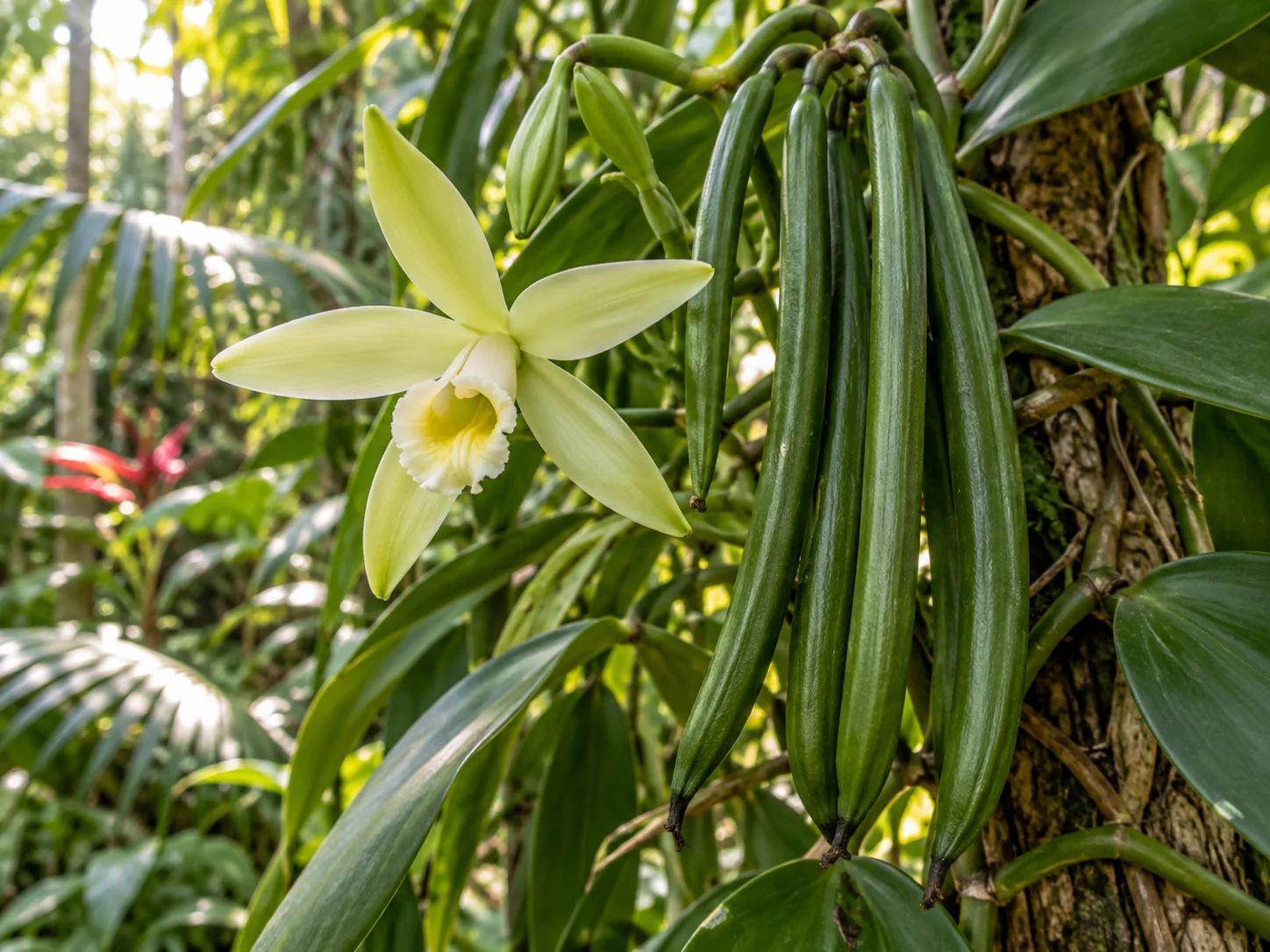A pale vanilla orchid flower beside long green vanilla pods on a vine