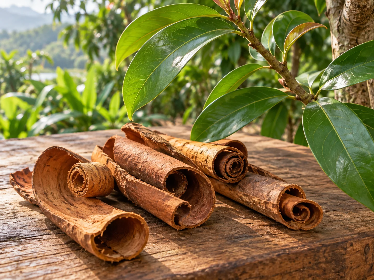 Curled cinnamon bark beside glossy green cinnamon tree leaves