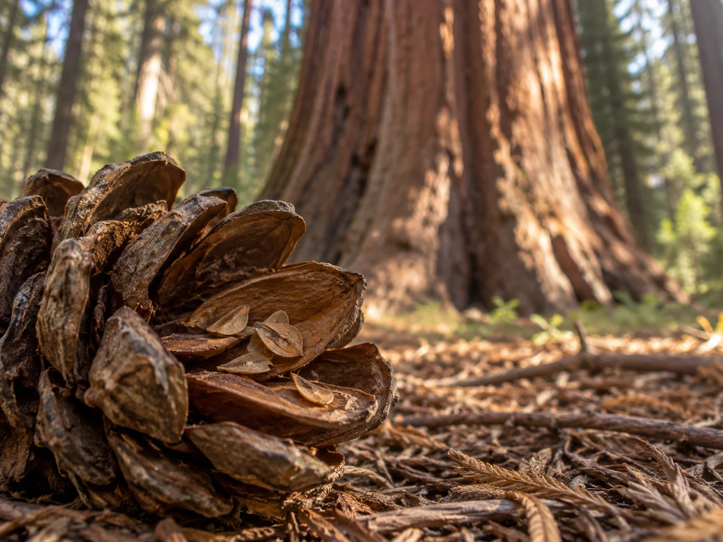 Tiny flat sequoia seeds in an open cone below a huge sequoia trunk