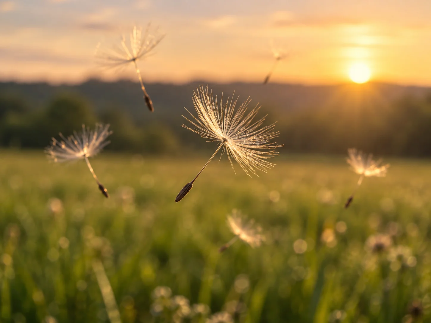 Several delicate dandelion seeds floating in golden evening light
