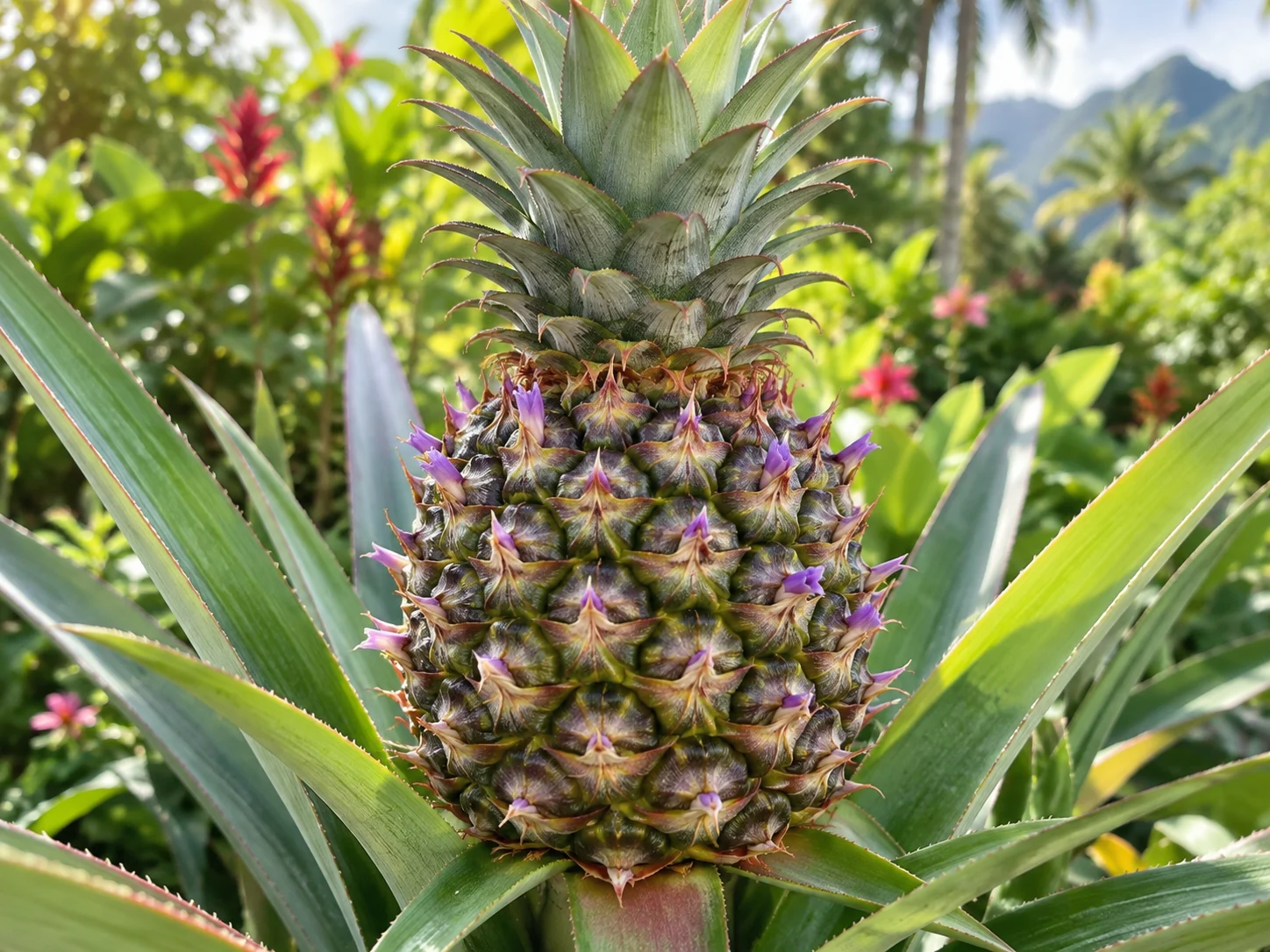 A young pineapple with small violet flowers growing from its repeating sections