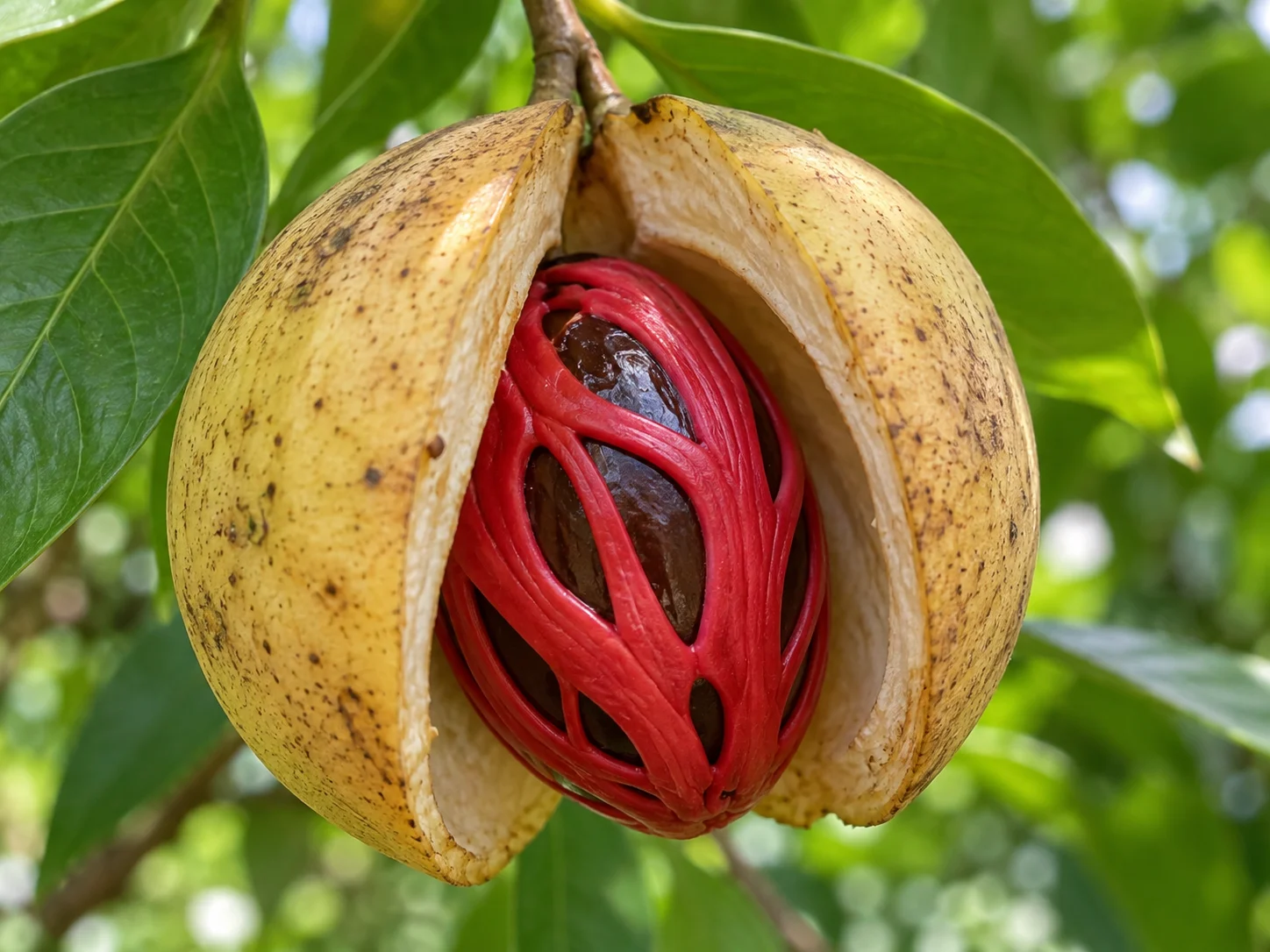 An open nutmeg fruit showing a dark seed wrapped in bright red mace