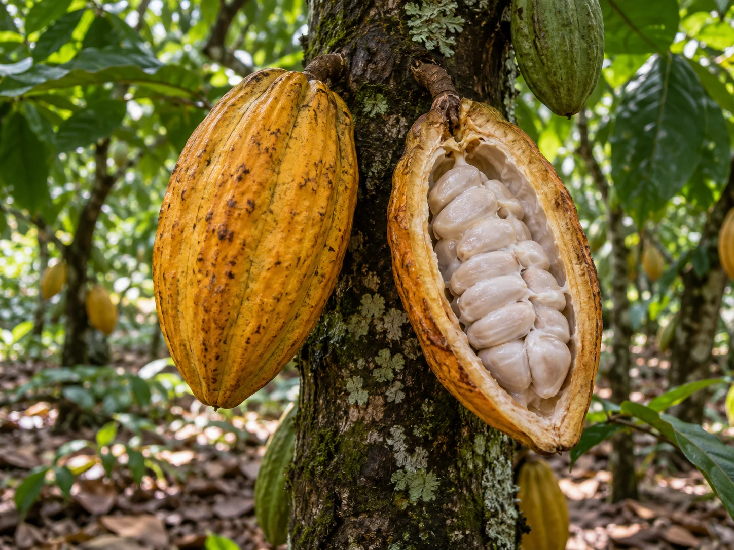 A golden cacao pod opened to show rows of pale seeds on a tree trunk