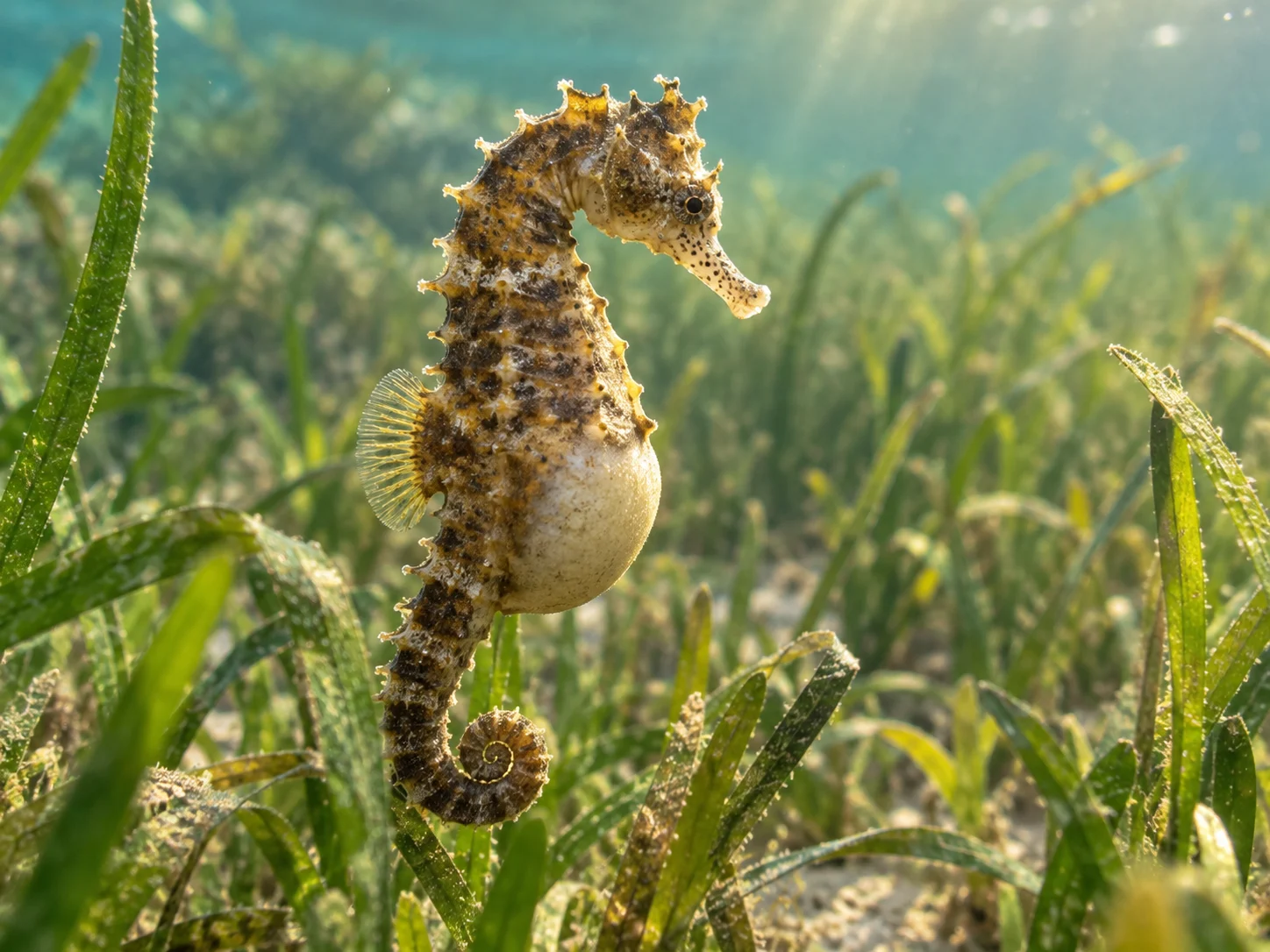 A male seahorse with a rounded pouch floating among sunlit seagrass