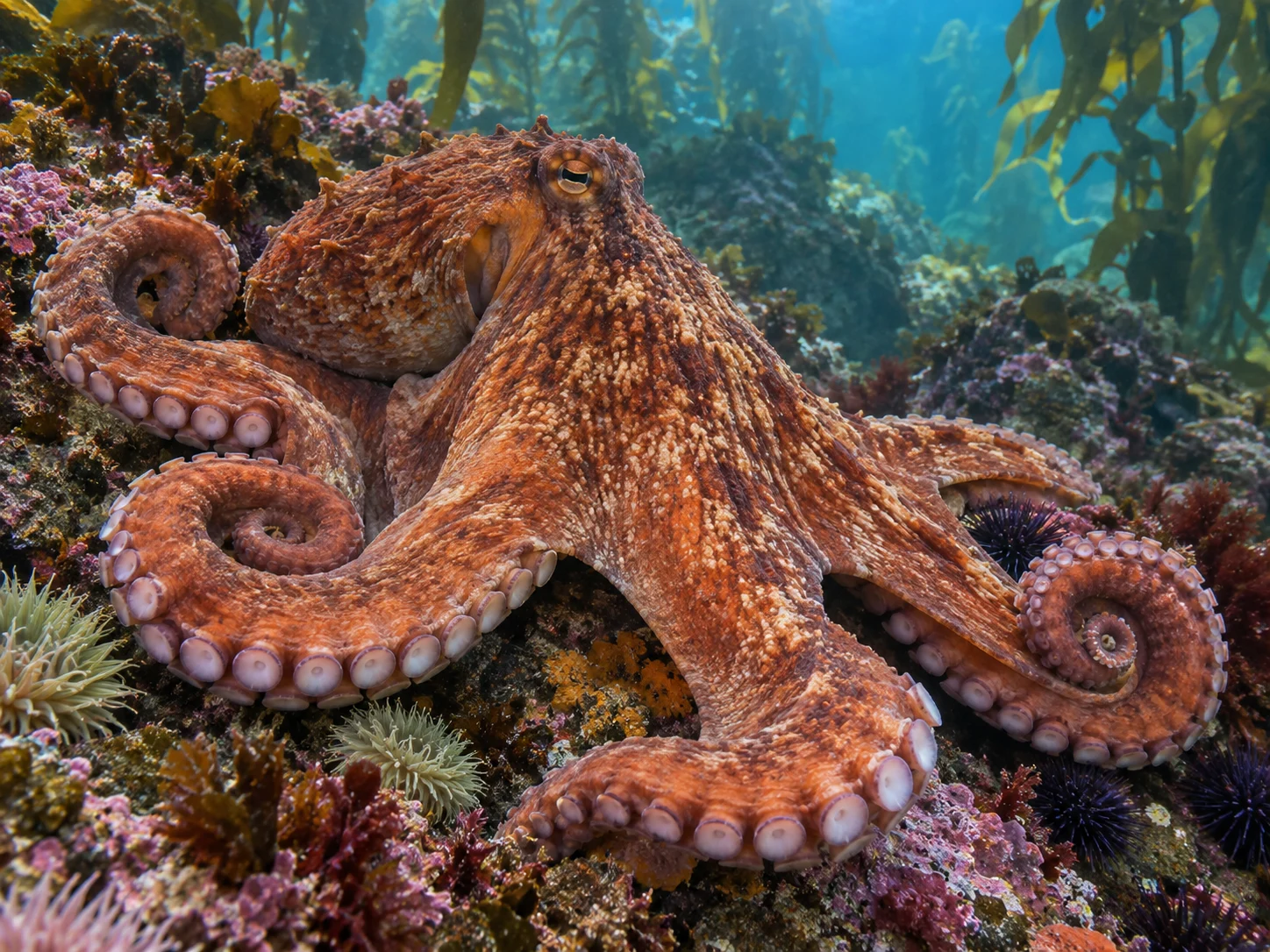 A rust-colored giant Pacific octopus resting with its arms curled on a reef