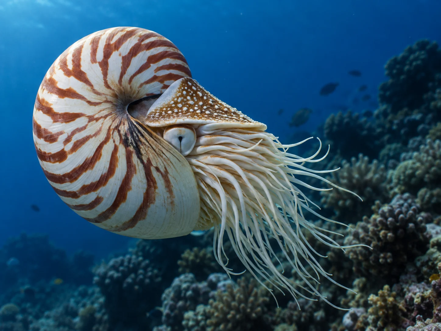 A striped chambered nautilus with many pale tentacles drifting above a reef