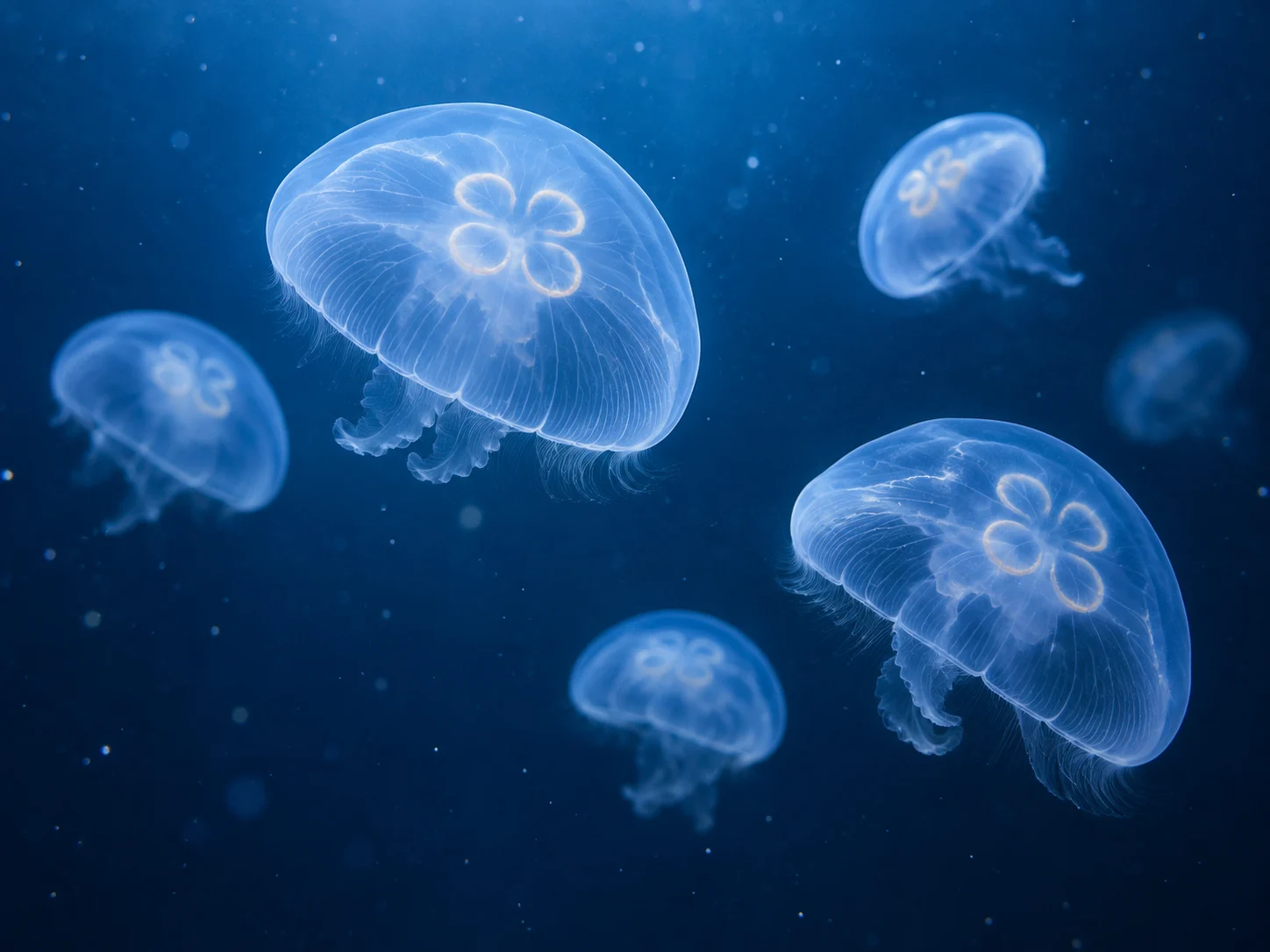 Several translucent moon jellies glowing softly in deep blue water