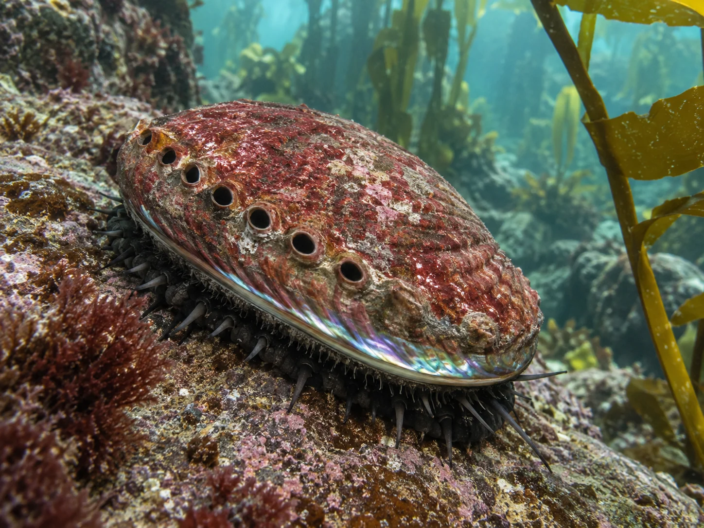 A living red abalone with a row of round shell holes clinging to a reef rock