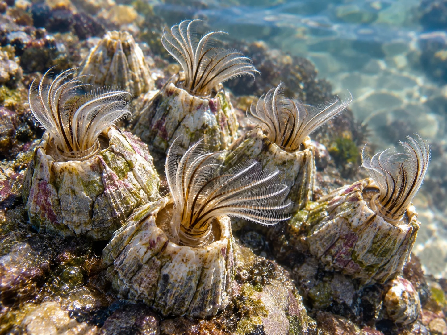Acorn barnacles underwater with delicate feathery legs extended from their shells