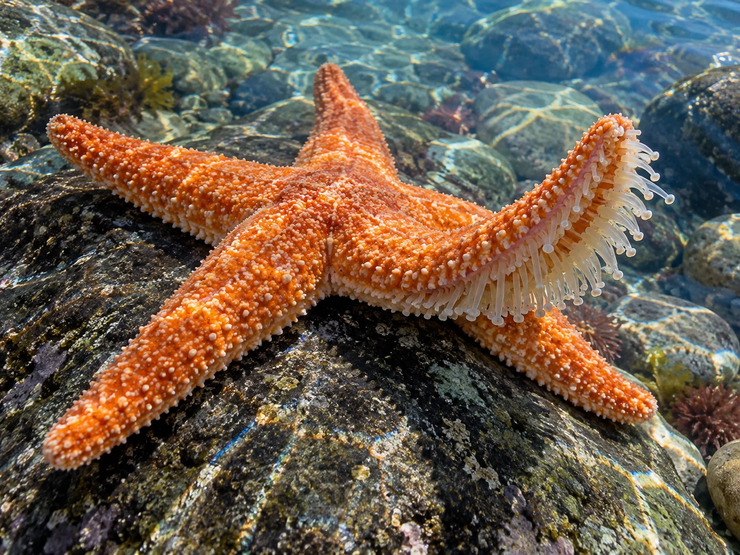 An orange sea star lifting one arm to show rows of pale tube feet