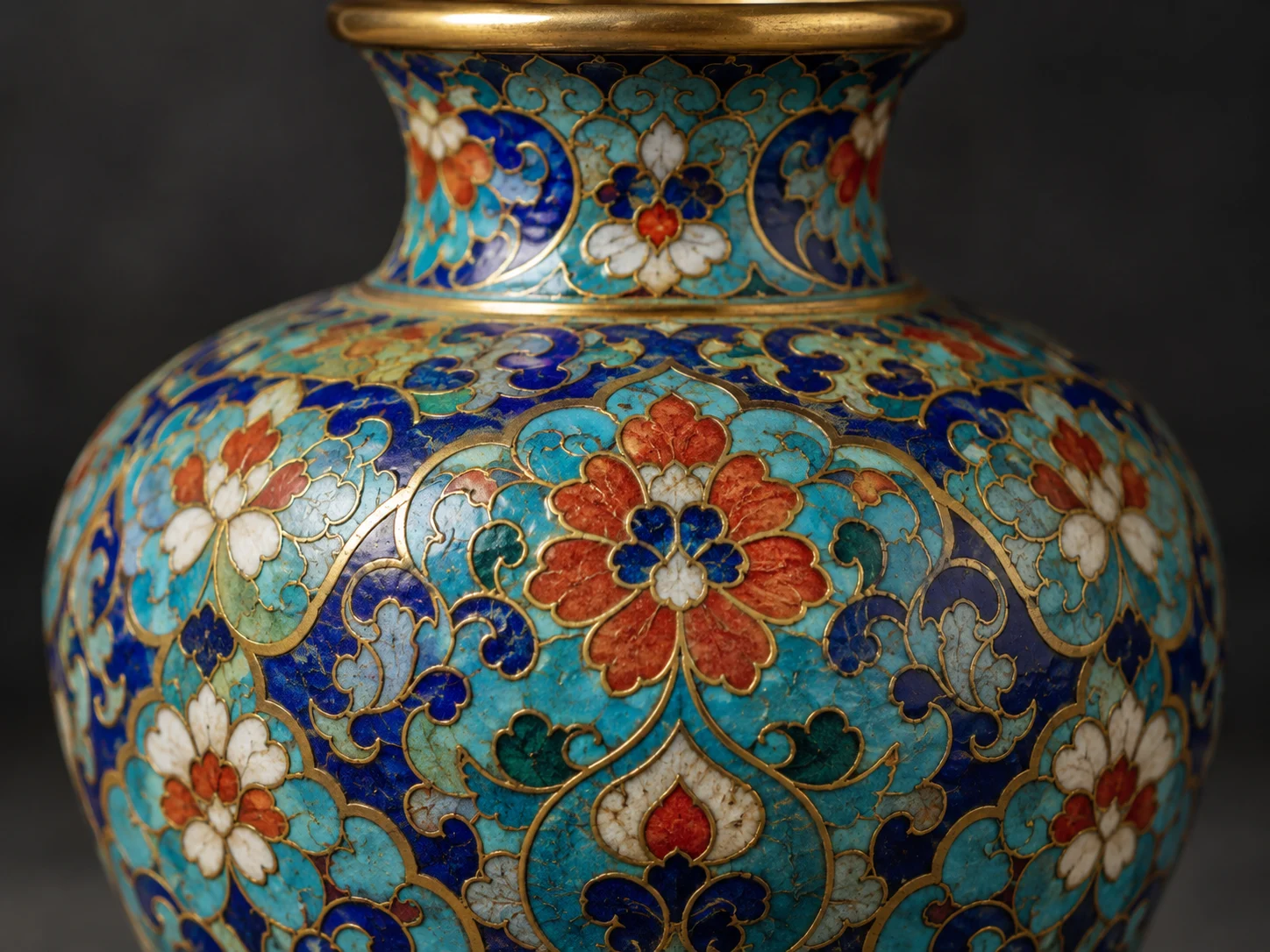 A blue cloisonné vase with colorful enamel flowers divided by fine metal wires