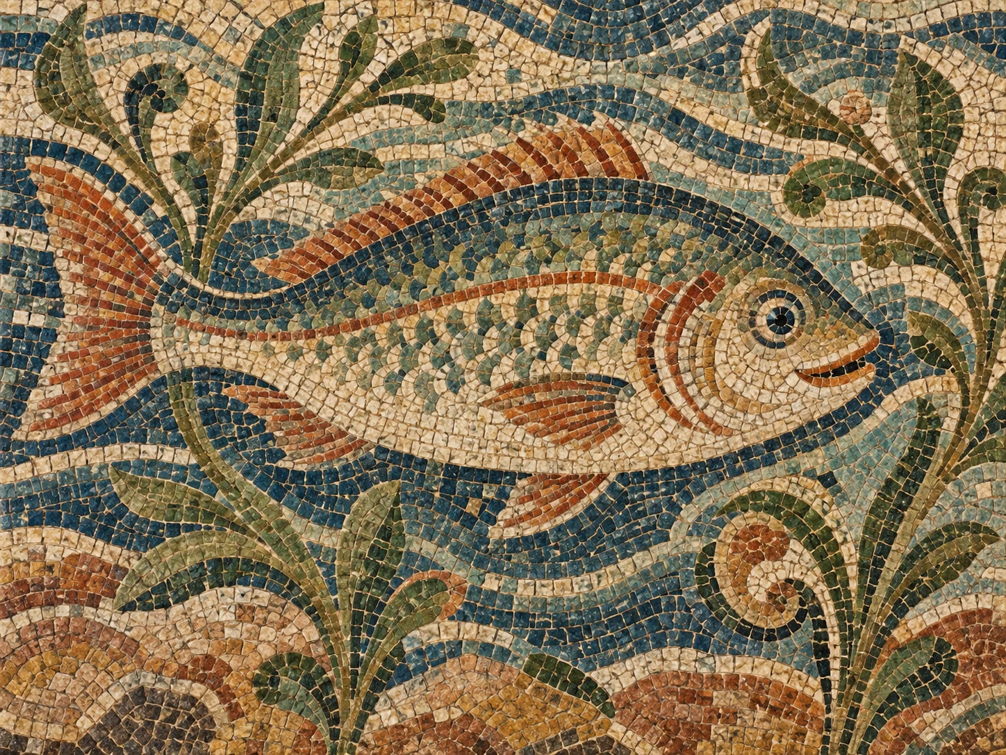 A fish and water plants formed from many small colored mosaic cubes